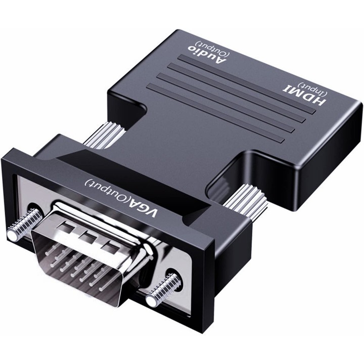 Adaptor convertor VGA tata la HDMI mama cu audio, JENUOS®, 1080P, 60Hz, pentru monitor, computer, laptop, proiector, Negru