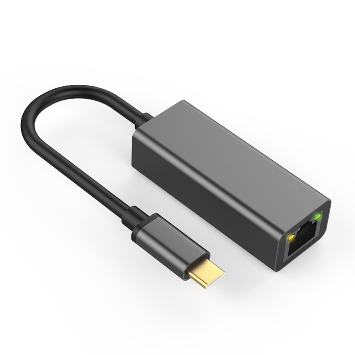 Gigabit LAN адаптер, JENUOS®, USB 3.1 тип C към RJ45 Ethernet 1000Mbps, 175 mm, TCL8153, черен