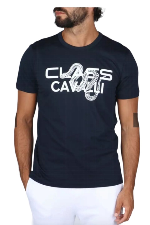 Tricou barbati cu logo print, Cavalli Class, Albastru