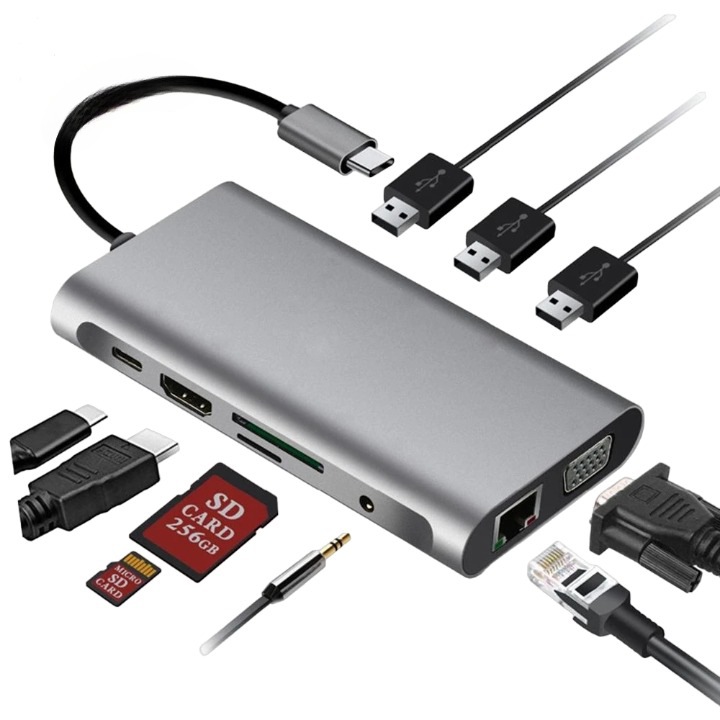Hub Adaptor Multiport 10 in 1 USB-C 3.1 Staryon® la HDMI 4K / VGA / LAN RJ45 Ethernet (1000 MB/S) / 3x USB 3.0 / Jack Audio / Power Delivery Port 100W / TF si SD Card Reader, Docking Station pentru Laptop, MacBook Air/Pro, Chromebook, Tableta, Gri