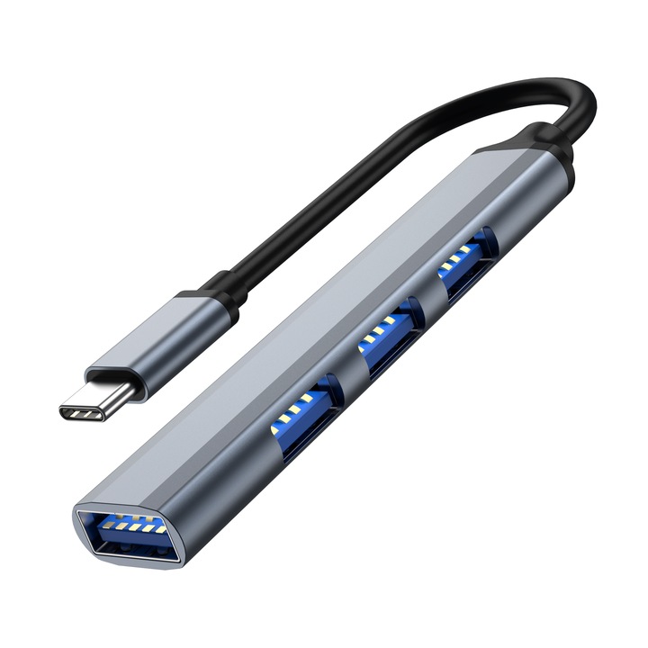 Хъб адаптер Multiport 4 в 1 USB тип C 3.0 Staryon® към 1 x USB 3.0 / 3 x USB 2.0 / докинг станция за лаптоп, Chromebook, сив