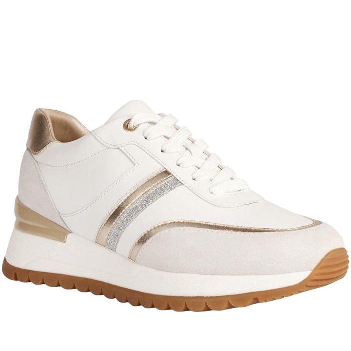 Geox, Pantofi sport de piele cu garnituri din piele intoarsa Desya, Alb/Bej