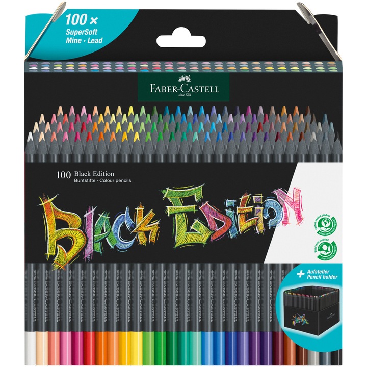 Цветни моливи Faber-Castell Black Edition, 100 цвята/комплект