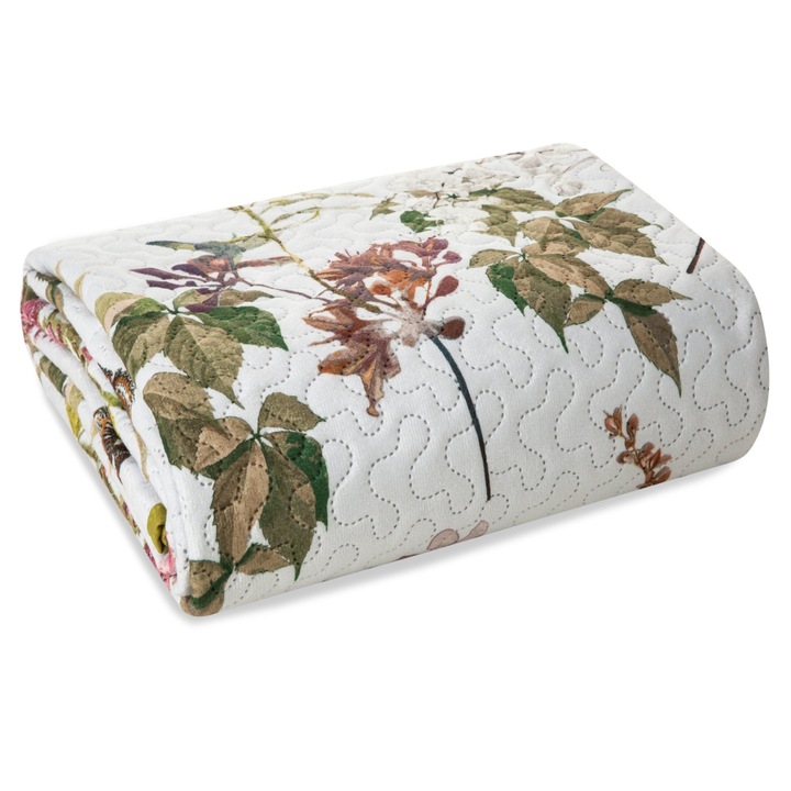 Cuvertura De Pat, Eurofirany, Rosa, Model Floral, Umplutura Elastica, Matlasare Fara Cusaturi, 220 x 200 cm, Alb