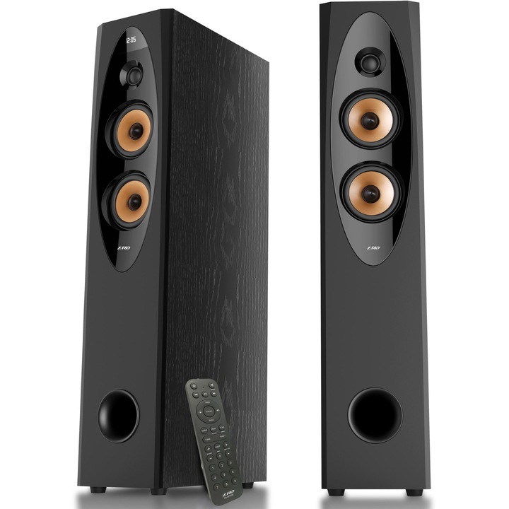F&D T-60X PRO 2.0 Floorstanding Speakers, 120W RMS ( 60Wx2), 1'' Tweeter + 4'' Speakers x2 + 8'' Subwoofer for each channel, BT 5.3/Optical/COAXIAL/AUX/USB/FM/Karaoke function/LED Display/Remote control/Microphone/Wooden, Touch buttons, Black T-60X_PRO