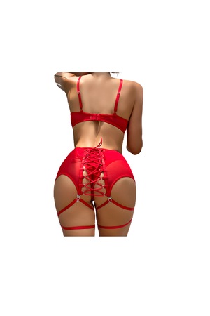 Set lenjerie intima dama, 3 piese, cu chilot, sutien, portjartier, marimea M, rosu