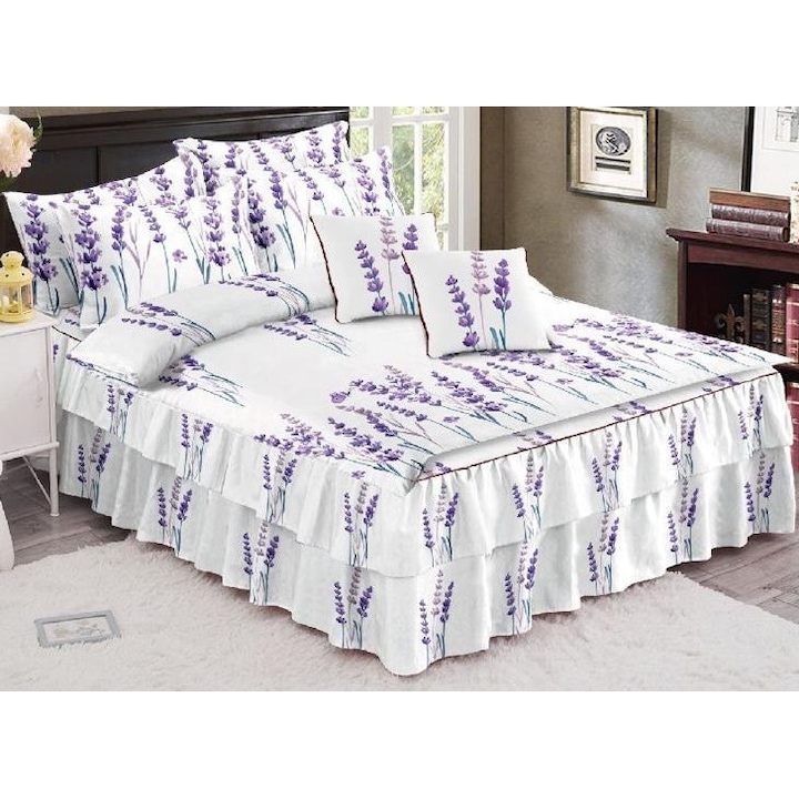Lenjerie de pat dublu, cearsaf cu volanase, Pucioasa, Finet, 6 piese, 2 persoane, imprimeu Lavanda, 200x230cm