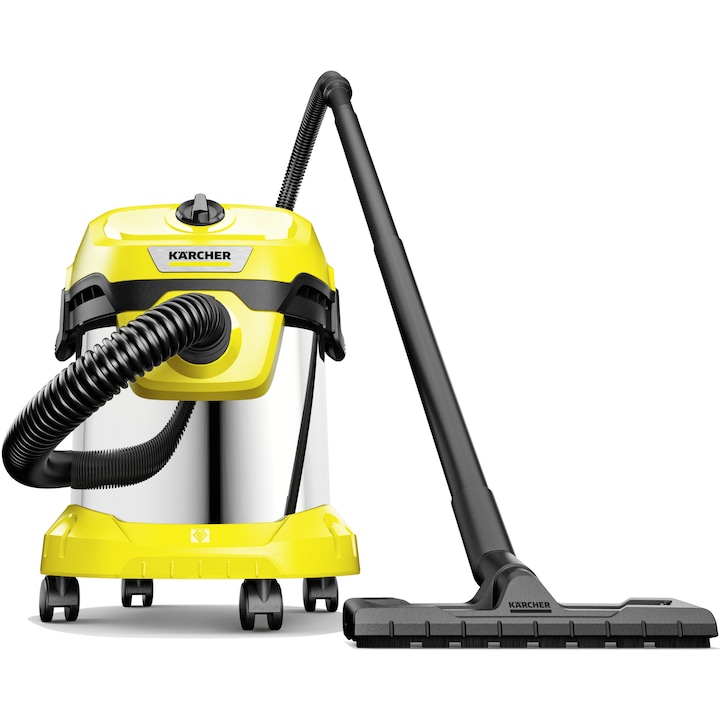 Aspirator umed-uscat Karcher WD 2 PLUS S V-15/4/18/C, 1000 W, recipient din otel inoxidabil 15 l, furtun 1,8 m, functie de suflare, filtru cartus, sac de filtrare, 1.628-054.0, Galben/Negru/Metal