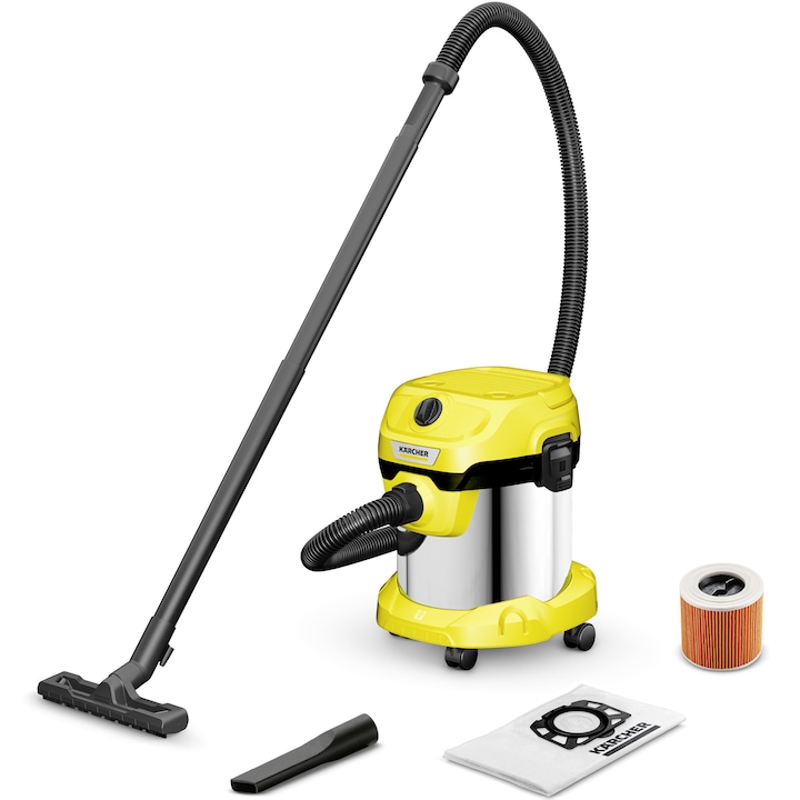 Aspirator umed-uscat Karcher WD 2 PLUS S V-15/4/18/C, 1000 W, recipient din otel inoxidabil 15 l, furtun 1,8 m, functie de suflare, filtru cartus, sac de filtrare, 1.628-054.0, Galben/Negru/Metal