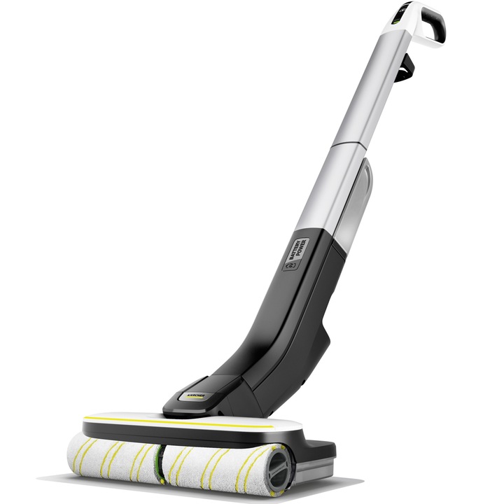 Mop electric Karcher FC 4-4 Battery Set 4B Duo, rezervor apa curata/murdara 400/200 ml, 4 acumulatori interschimbabili 4 V, autonomie 30 min, incarcator rapid Duo, detergent 30 ml, 1.056-406.0, Alb/Negru