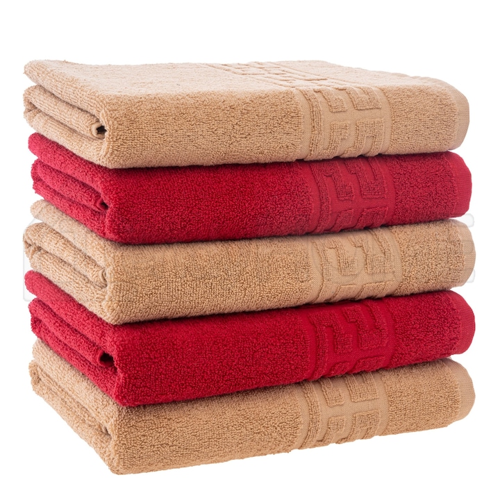 Set 5 Prosoape, Bej, Rosu 100% Bumbac 550gr, 50x90cm