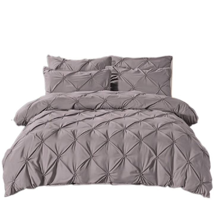 Lenjerie de pat dublu, Jojo Home, Uni, Model Pliuri Brodate, 6 piese, Finet, 230x250cm, Gri Deschis