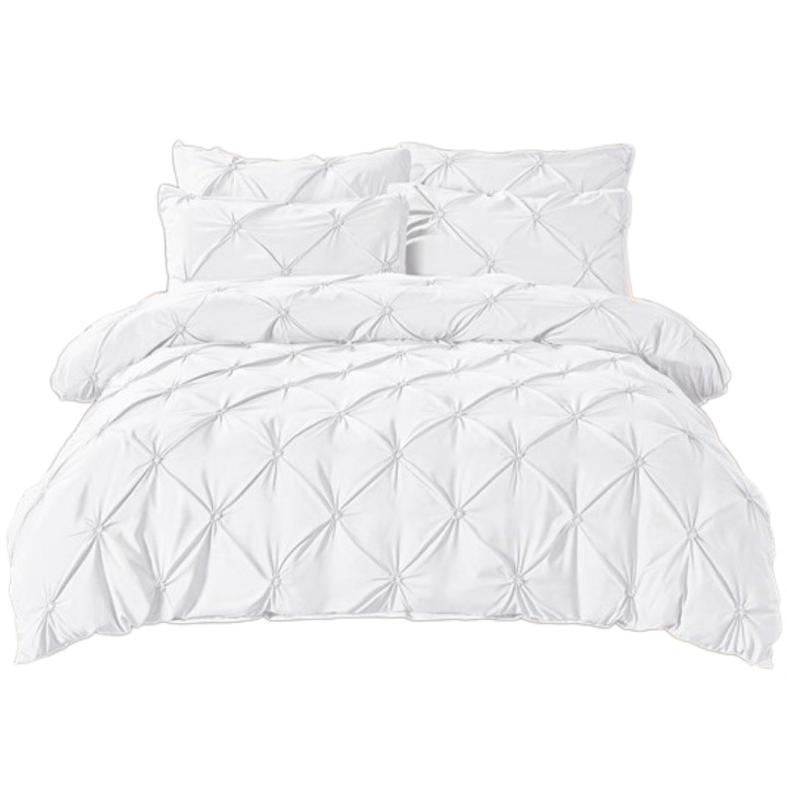 Двойно спално бельо, Jojo Home, Uni, Бродирана плисе, 6 части, Finet, 230x250 см, Бяло