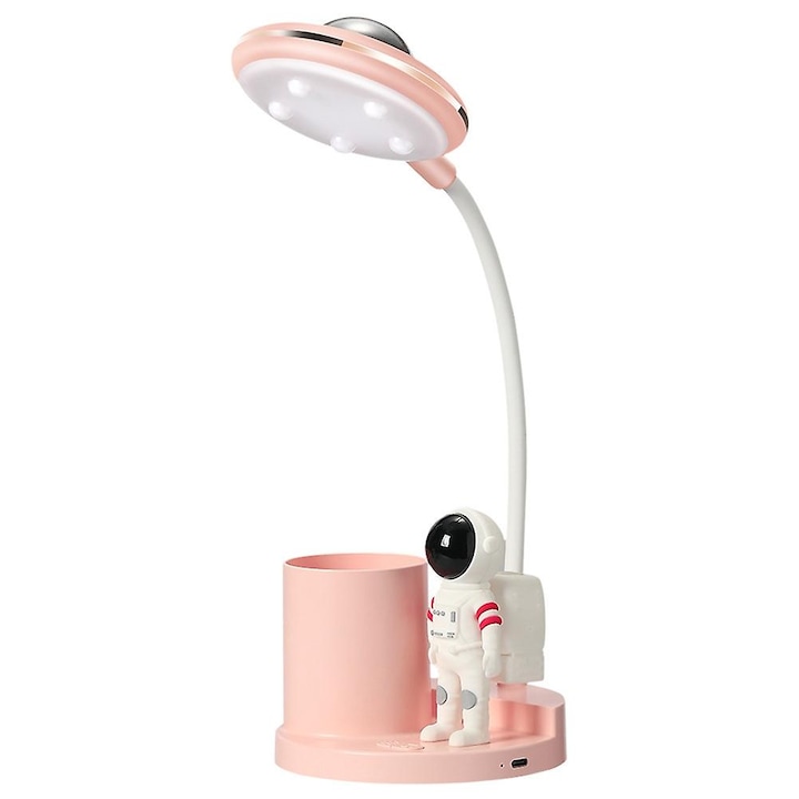 Ideas4Comfort Asztali lámpa gyerekeknek, LED, hordozható, asztali szerszámtartóval, projektor, USB tölthető, BPA mentes, Astronaut, rózsaszín