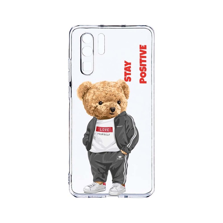 Силиконов калъф BestCase за Huawei P30 Pro, Stay Positive - Teddy Bear, Camera Protection, Clear Silicon 2.0MM, T 926