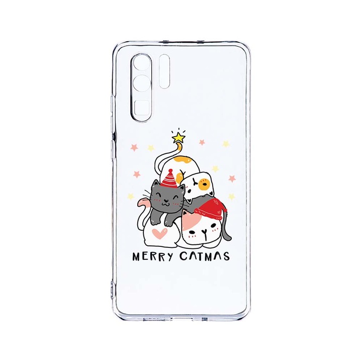 Силиконов калъф BestCase за Huawei P30 Pro, Merry Catmas, Camera Protection, Clear Silicon 2.0MM, T 878