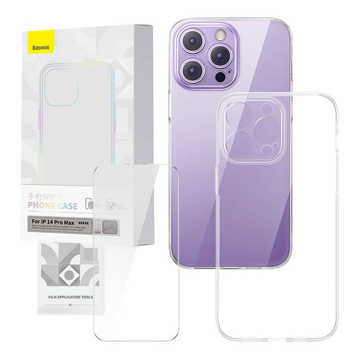Set de protectie, Baseus, Corning carcasa transparenta si sticla securizata pentru iPhone 14 Pro Max