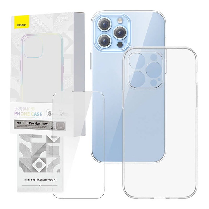 Set carcasa si folie pentru iPhone 13 Pro Max, Baseus, TPU/Sticla securizata, Transparent