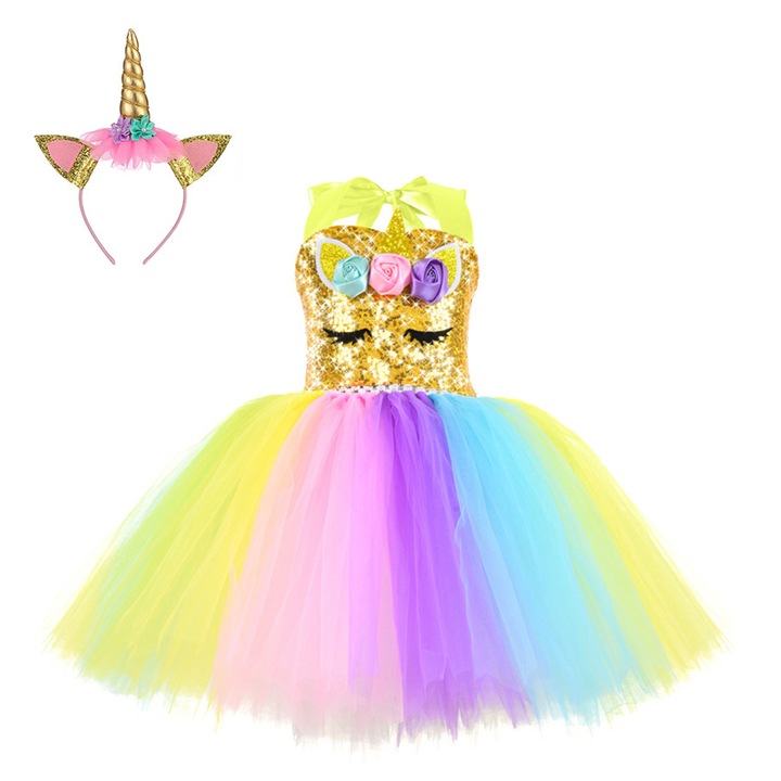 Costum rochie Unicorn multicolor cu cordeluta pentru fete, potrivit pentru petrecere de Craciun, carnaval, petreceri, joc de rol, marime 125-140 cm