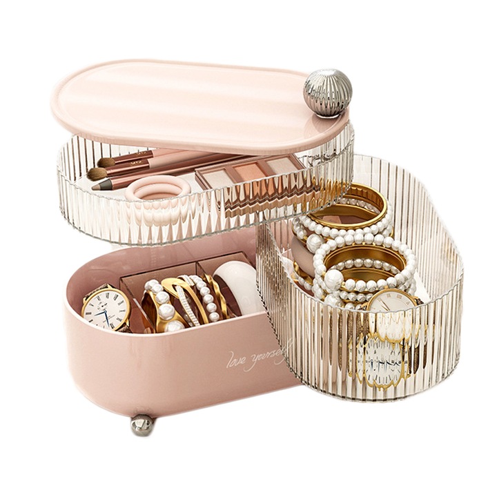 Кутия-органайзер за бижута POMAMZ, материал ABS, място за съхранение на пръстени, верижки, гривни, 21x13x6 см, Розов