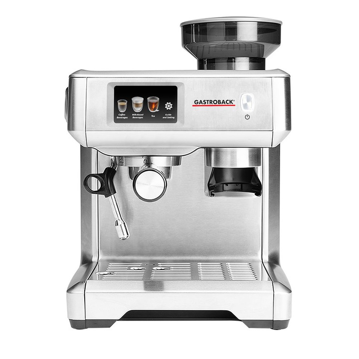 Espressor cu rasnita Gastroback, Espresso Barista Touch, ideal pentru toate specialitatile de cafea si ceai, 15 bar, 11 trepte de macinare, capacitate rasnita 200 g, display touch screen, sistem de incalzire Thermo-Block, spumare lapte, argintiu