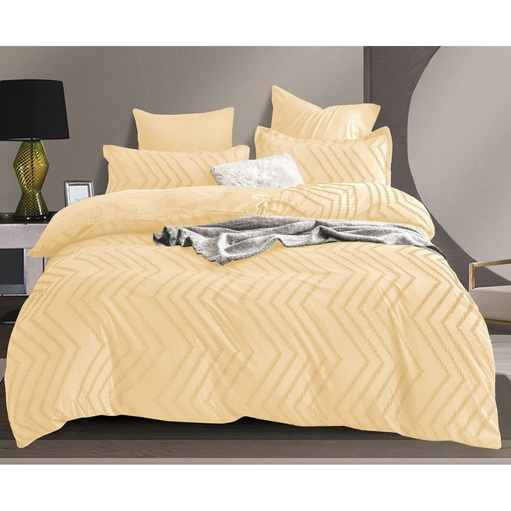 Lenjerie de pat dublu, Velvet Jacquard Grofat Lux M1, Pucioasa, 6 piese, 2 persoane, Uni, 245x250cm, Crem