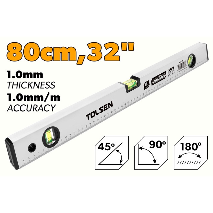 Nivela TOLSEN 80cm (32") din aluminiu, cu citire la scara, 3 fiole 90°/180°/45°, acoperire cu pulbere, grosime 1.0mm, precizie 1.0mm/m, ideala pentru lucrari de constructii si montaj