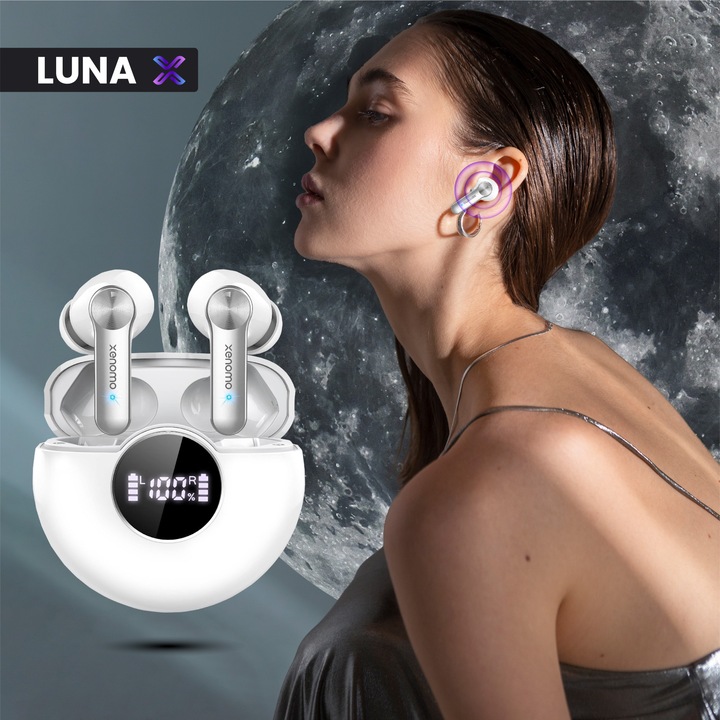 Casti Wireless Audio Xenomo® LUNA-X, fara fir, Bluetooth 5.3, Microfon HD, Tehnologie ANC-ENC, Control prin atingere, Functie Noise Cancellation, Afisaj digital, Carcasa Magnetica, Culoare Alb