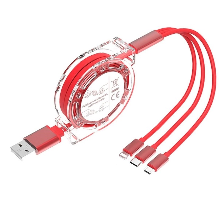 Cablu de incarcare extensibil 3 in 1, de la USB la Type C, Lightning sau Micro-USB (nu transfera date), 1m, rosu