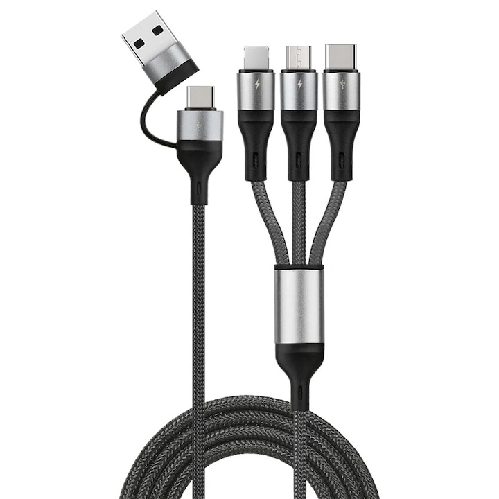 Adat- és töltőkábel 6 az 1-ben, AHA PRINT, FastCharge for Iphone, Samsung, Huawei, 30 W, USB és USB-C USB-C, LIGHTNING, MICRO USB, C TÍPUS, 1,2 m, fekete