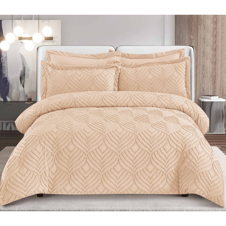 Lenjerie de pat dublu, Velvet Jacquard Grofat Lux M2, Pucioasa, 6 piese, 2 persoane, Uni, 245x250cm, Bej
