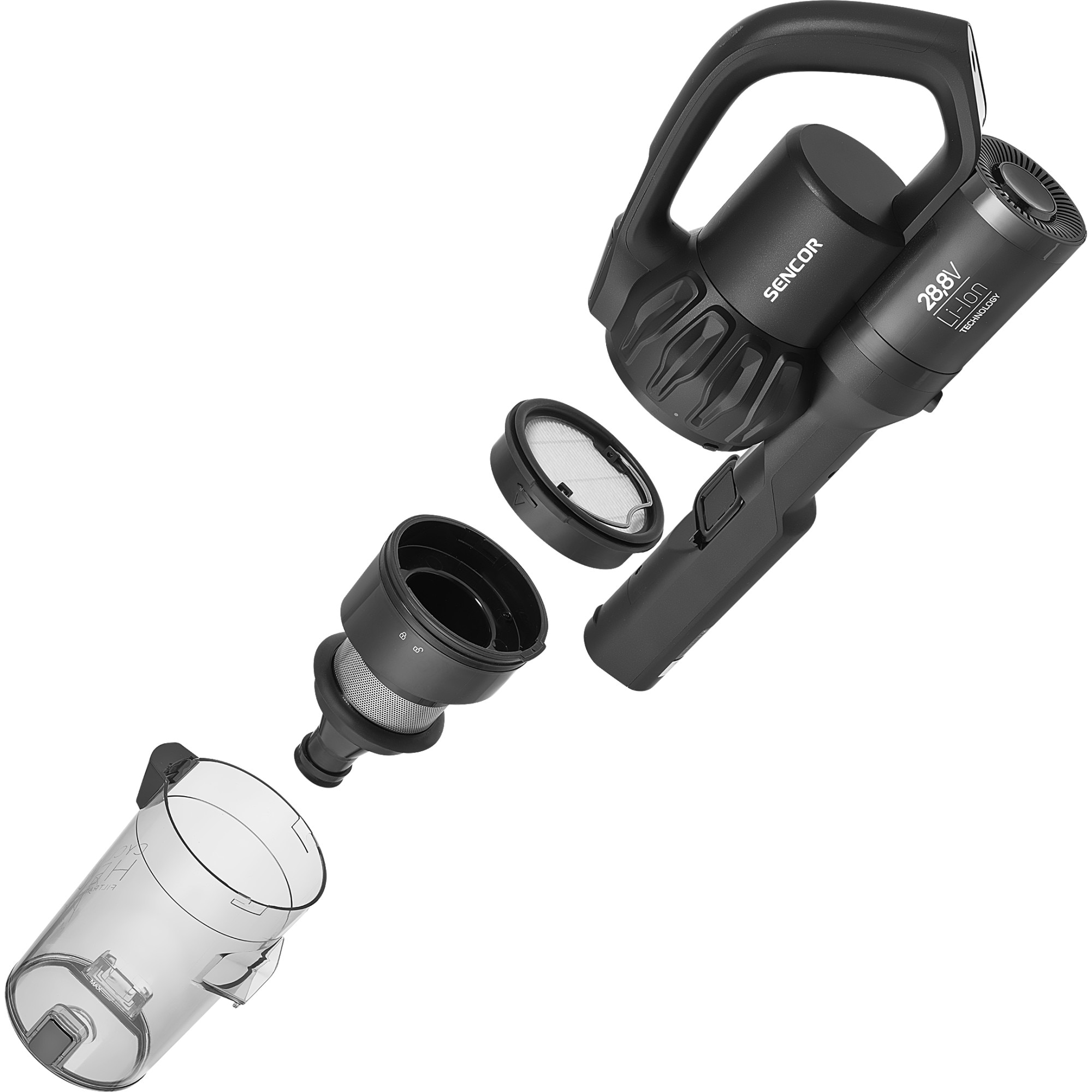 Aspirator vertical fara fir Sencor SVC 9879BK cu functie de mop, 550W, 28.8V, autonomie 70 min, capacitate de colectare 0.5 l, negru