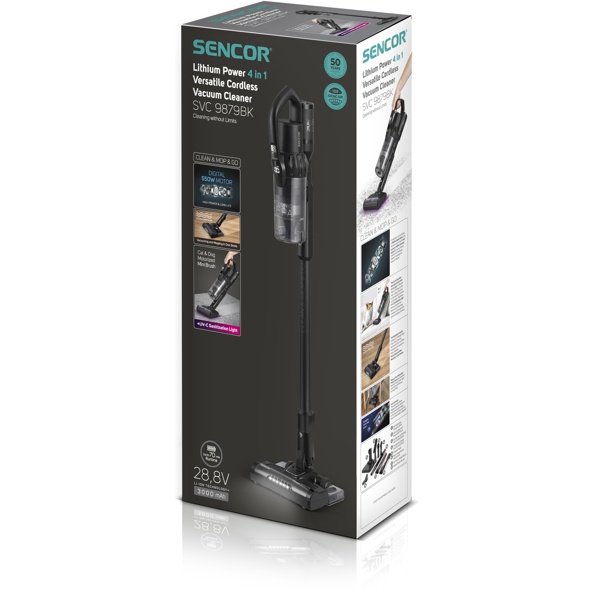 Aspirator vertical fara fir Sencor SVC 9879BK cu functie de mop, 550W, 28.8V, autonomie 70 min, capacitate de colectare 0.5 l, negru