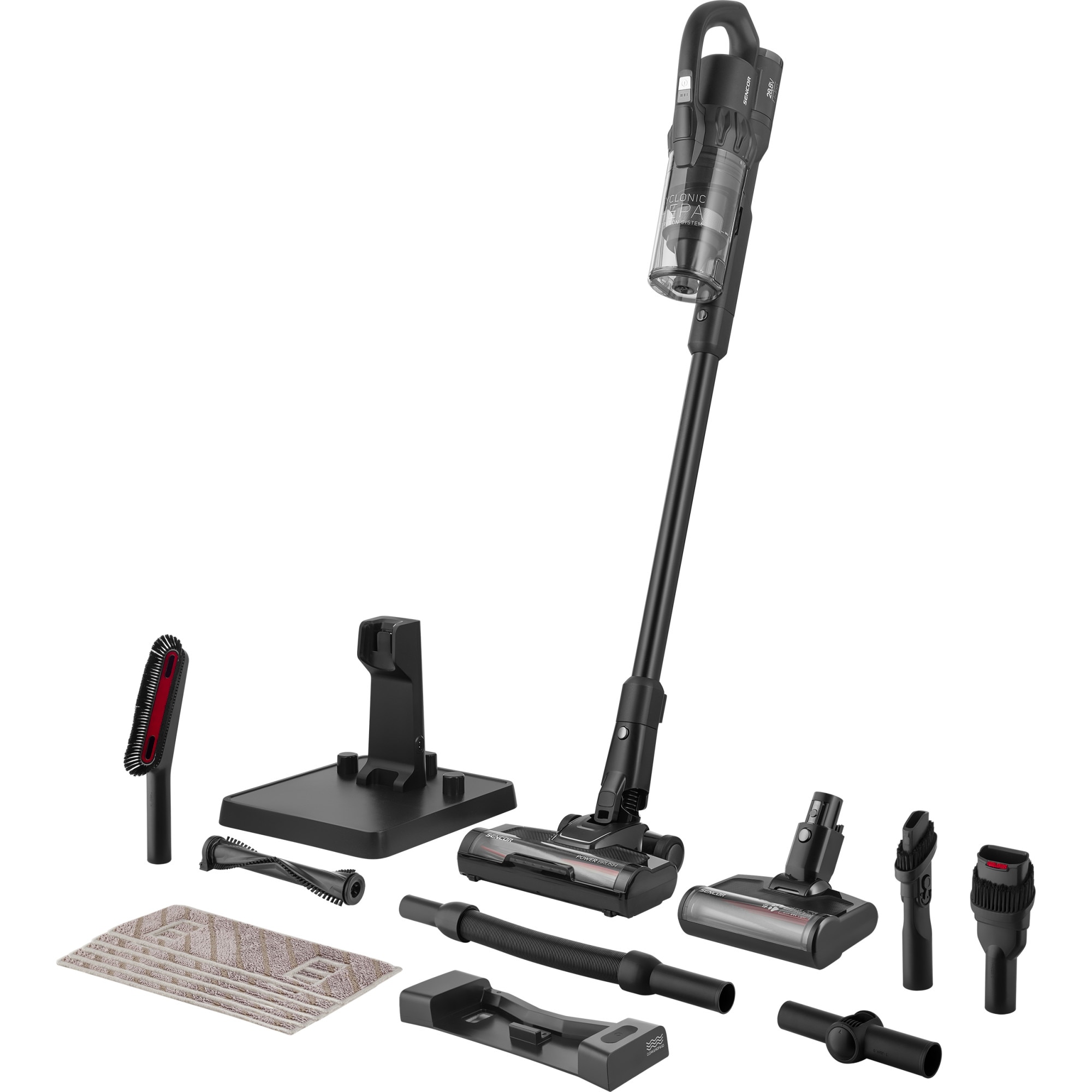Aspirator vertical fara fir Sencor SVC 9879BK cu functie de mop, 550W, 28.8V, autonomie 70 min, capacitate de colectare 0.5 l, negru