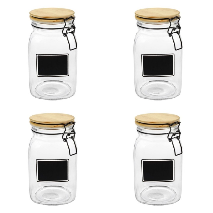 Set 4 borcane de depozitare cu eticheta, capac cu siguranta, sticla/lemn, transparent/maro, 1,5 l, 11x11x19cm