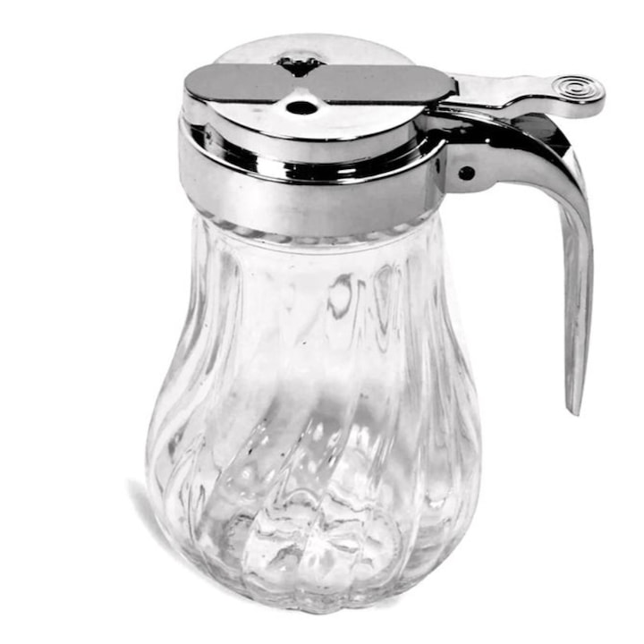 Mézes tartály csavaros kupakkal és fogantyúval, fém/üveg, ezüst/átlátszó, 180 ml, 12 cm