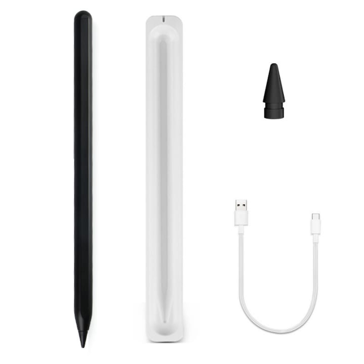 Stylus Pen Virovetix pentru iPad Apple, Touch Control, Fara Lag, Functie de Respingere a Palmei, Functie Tilt, Magnetic, USB-C, Penite POM anti-zgarietura, Negru