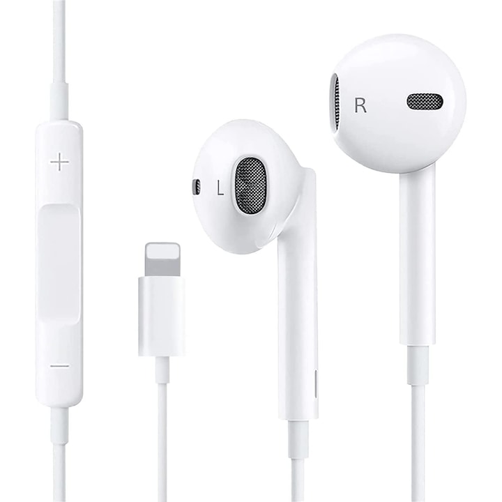 Слушалки с кабел, съвместими с iPhone, стерео, микрофон, светкавица, бяло
