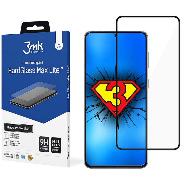 3MK HardGlass Max Lite протектор за екран за Samsung Galaxy S21+ 5G G996, защитено стъкло, пълно лепило, черен