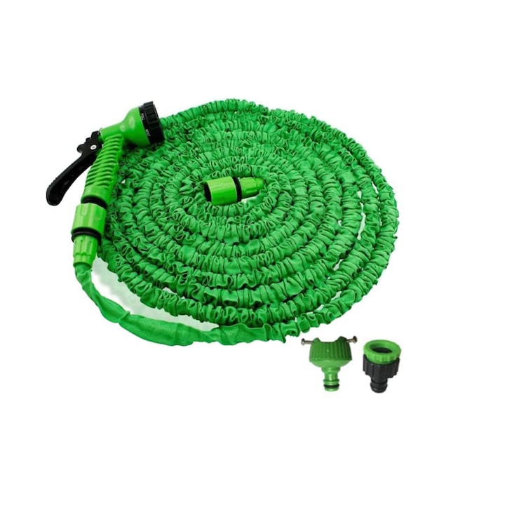 Разтегателен градински маркуч за поливане със 7 функции, с конектори, дълъг 45м, зелен