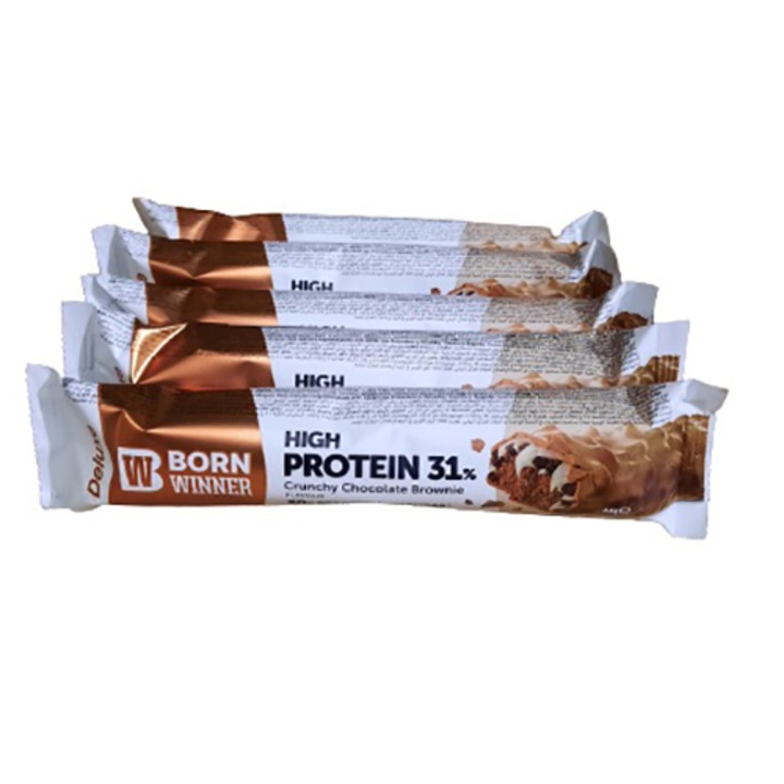 Baton crocant HP BornWinner Deluxe 31%, fara zahar, Nutrivita, Brownie, 5x 55g