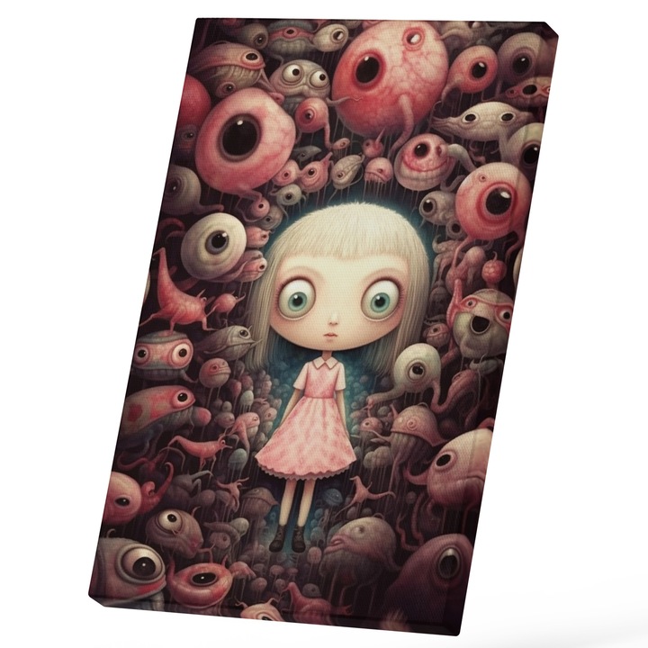 Tablou Canvas Cu Fata Desene Animate Ochii Mari Verzi Par Scurt Cu Breton Rochie Roz, Fundal Ochii Horror, Iubitorii De Filme SF 25x40 cm, Multicolor