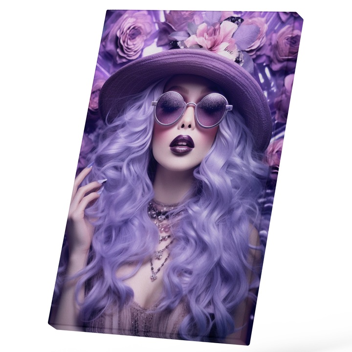 Tablou Canvas Cu Portret Fata Par Ochelarii De Soare Palarie Buze Mov, Tinuta Eleganta, Fashion, Iubitorii De Culoare Mov 25x40 cm, Multicolor