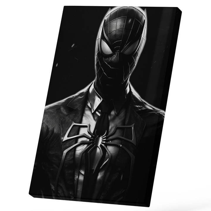 Tablou Canvas Cu Portret Spideman Noapte Costum Negru, Emblema In Piept, Super Erou, Iubitorii De Filme Marvel 25x40 cm, Multicolor