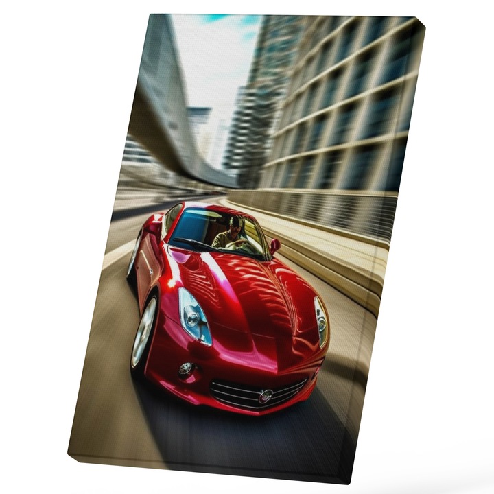 Tablou Canvas Cu Masina Rosie Sport Lux Viteza In Oras, Pod, Cladiri Inalte, Iubitorii De Motoare Puternice 25x40 cm, Multicolor