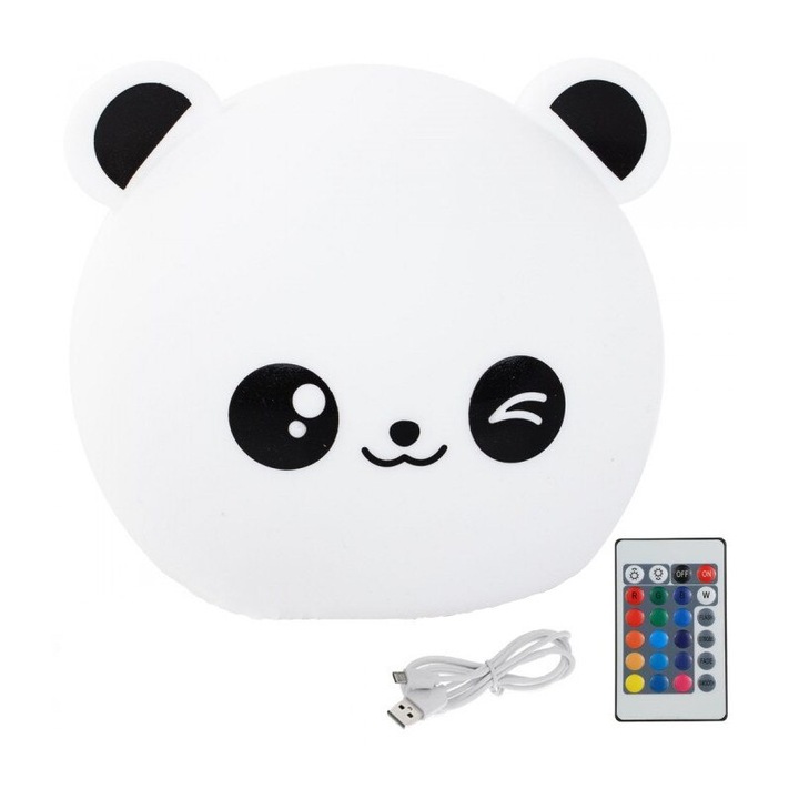 Lampa de Veghe pentru Copii, Control Telecomanda, Incarcare USB, Senzor Tactil Touch, Silicon, 5 Moduri Iluminare LED, Model Panda, Alb
