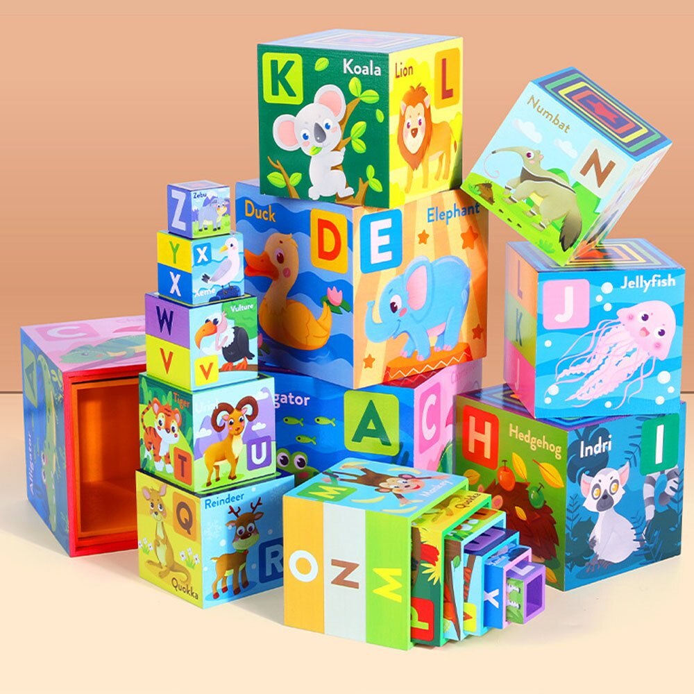 Turn Montessori cu 10 cuburi animale si alfabet, din lemn - eMAG.ro
