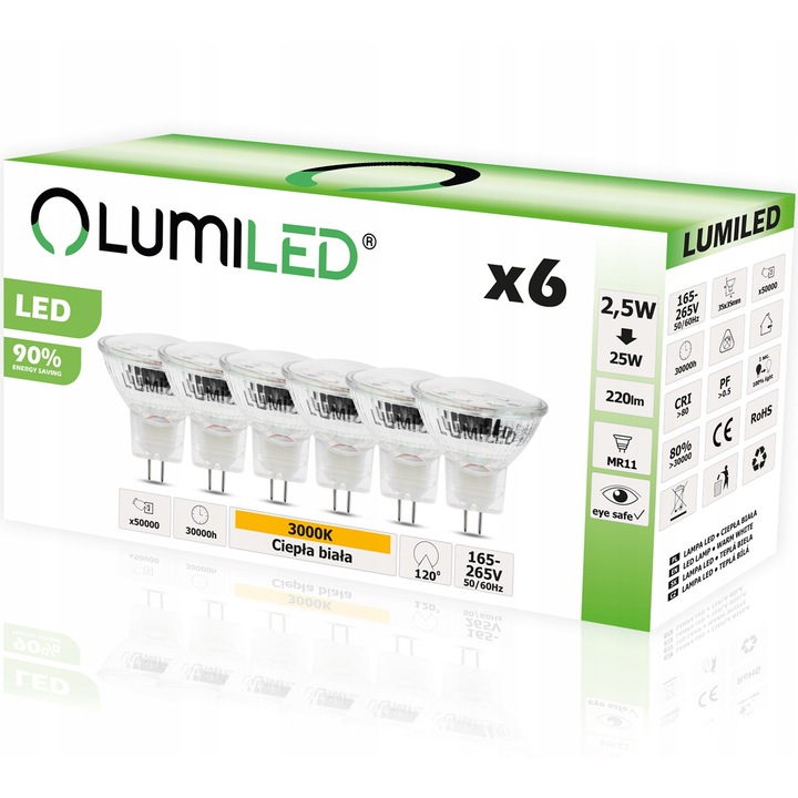6 db LED izzó készlet, LUMILED, GU5.3, MR11, 2.5W = 25W, 220lm, 3000K, meleg fehér, 230V