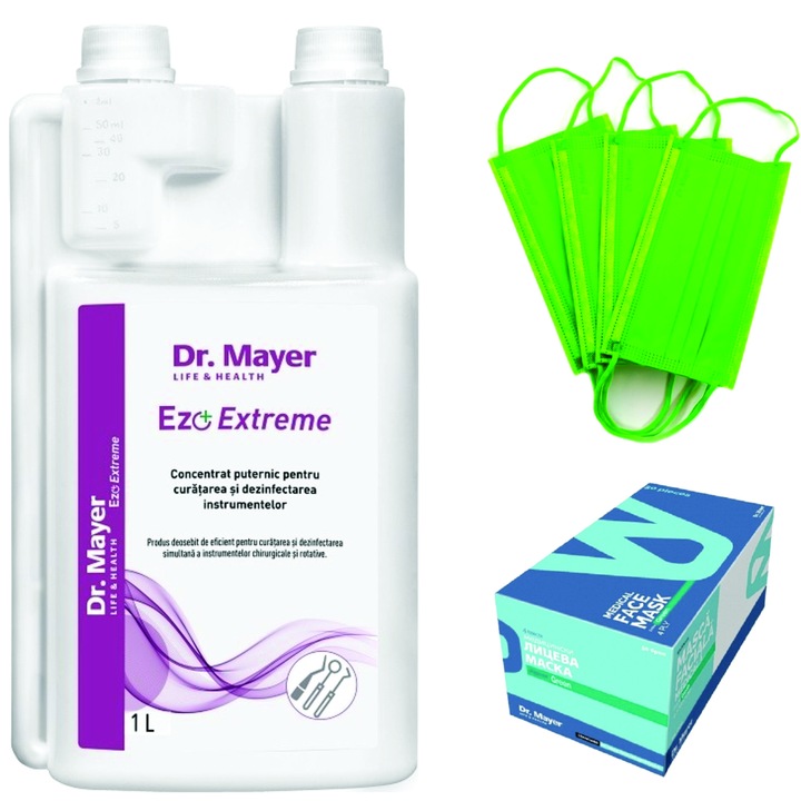 Концентриран разтвор за измиване и дезинфекция на инструменти Ezo-Extreme 1L, включени 50 маски, Dr Mayer, зелен