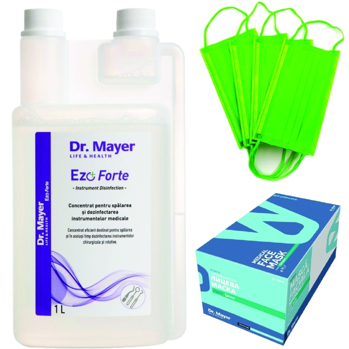 Концентриран разтвор за измиване и дезинфекция на медицински инструменти Ezo Forte 1L, 50 маски в комплекта, Dr Mayer, зелен
